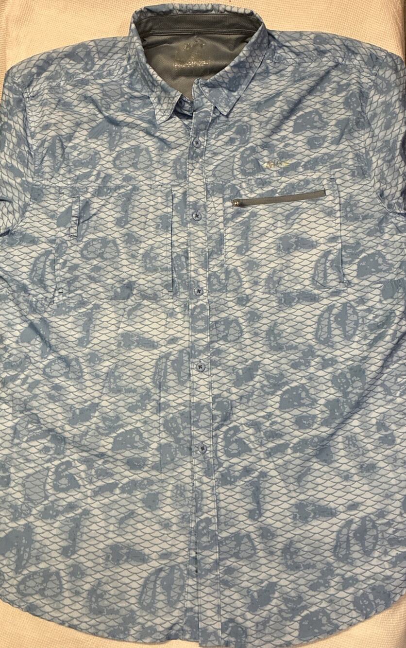 Men’s Silver Bait Fishing Shirt Size L/XL Blue Fish Scales Zippered Pocket